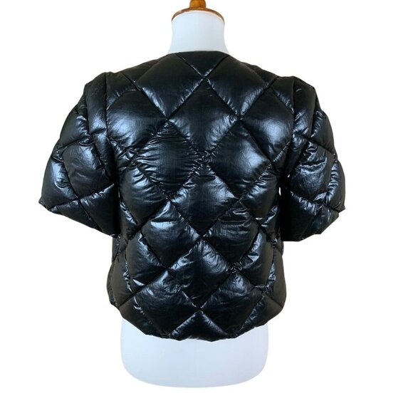 Glamourpuss NYC Short Sleeve Black Down Puffer Jacket Quilted Button Front Small - Picture 4 of 7